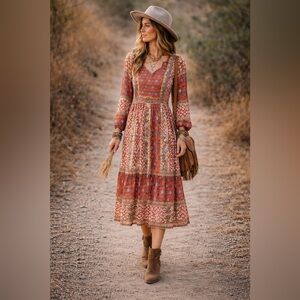 Brass & Roe Boho Midi Dress | Mixed Print Bohemian Long Sleeve Dress | Size M